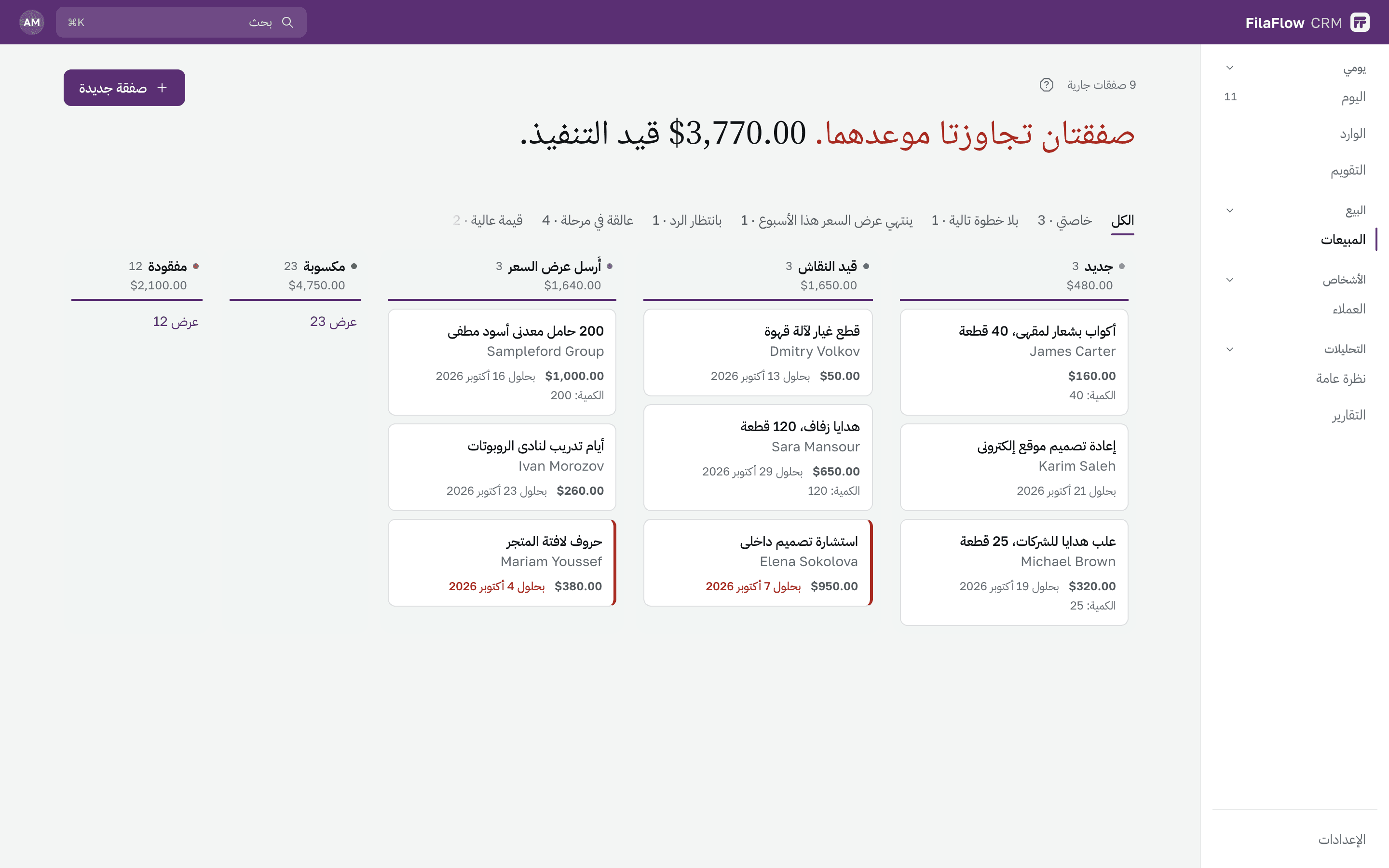 لوحة الصفقات مع تمييز المتأخرة