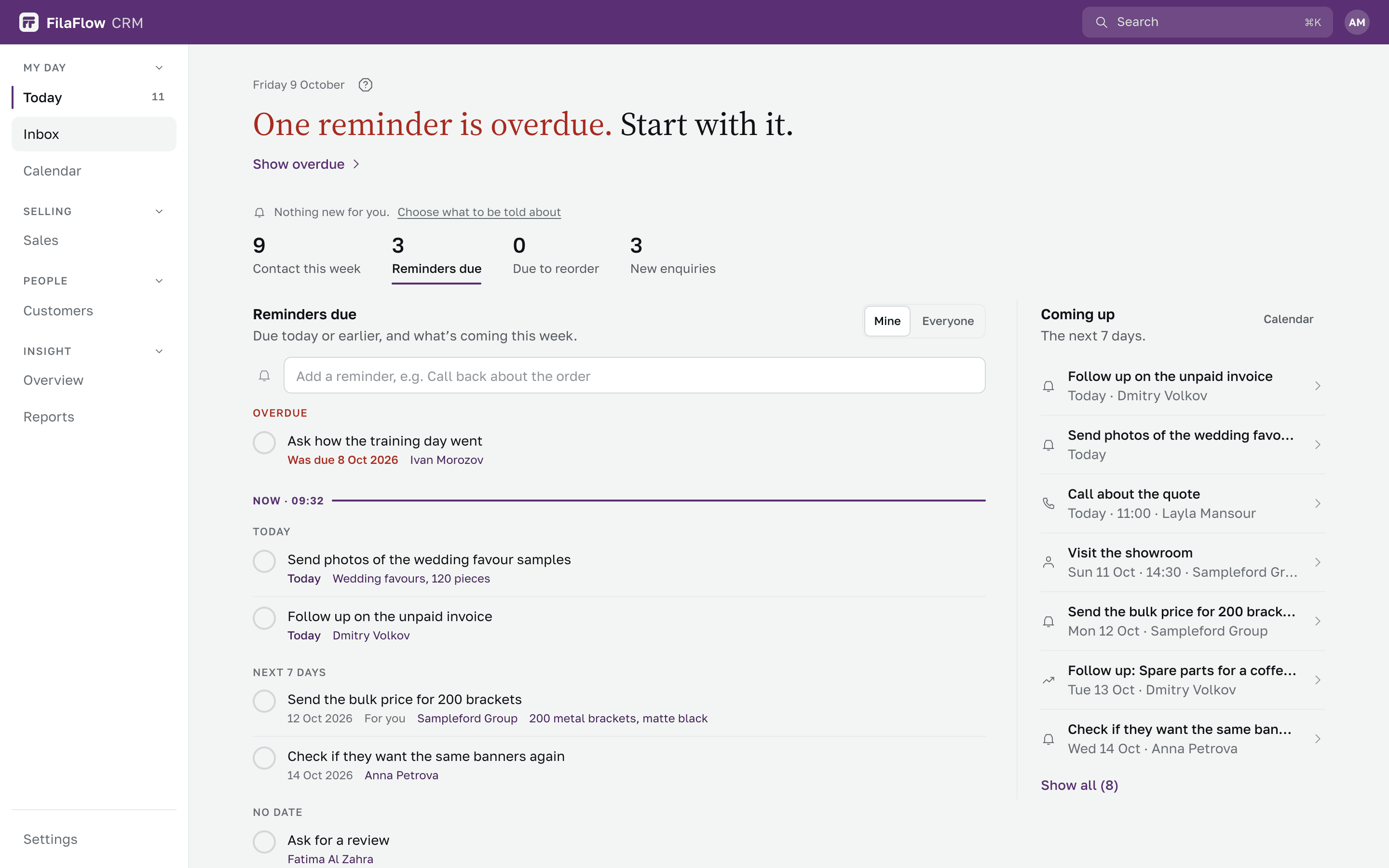 FilaFlow CRM Today: one overdue reminder and the counts for the week