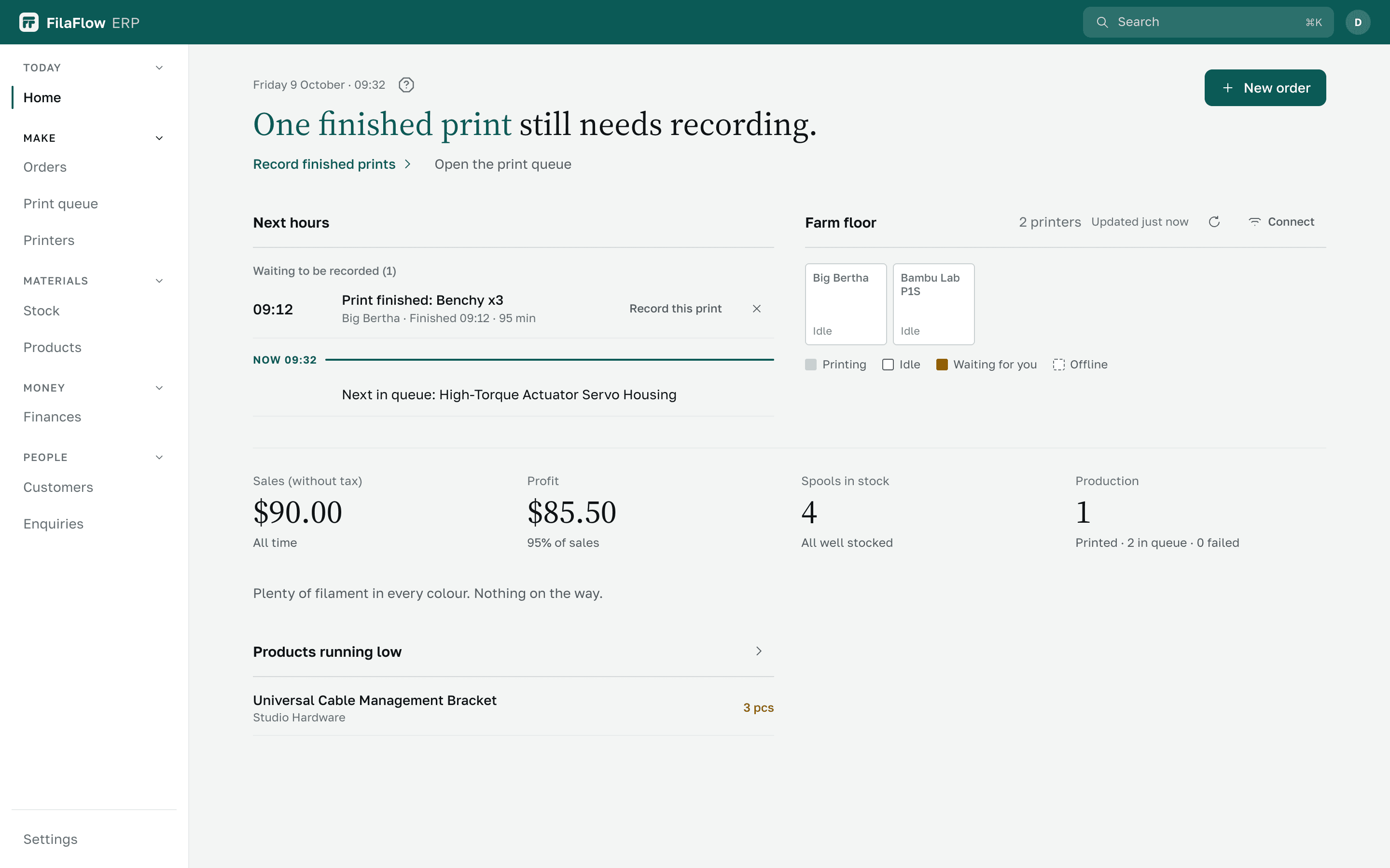 FilaFlow ERP Home: today’s summary, the next few hours and your printers